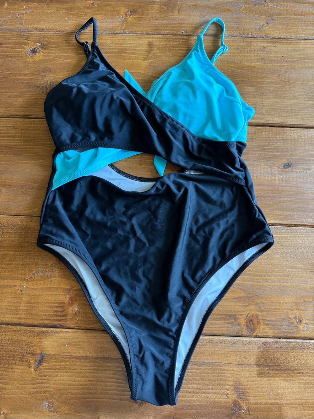 Black & Teal Cutout One-Piece Swim Suit
